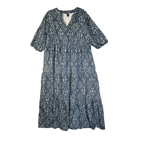 Emma Rose Peasant Dress Women's 3XL Blue Graphic Cottagecore Tiered Boho Maxi - Picture 1 of 11